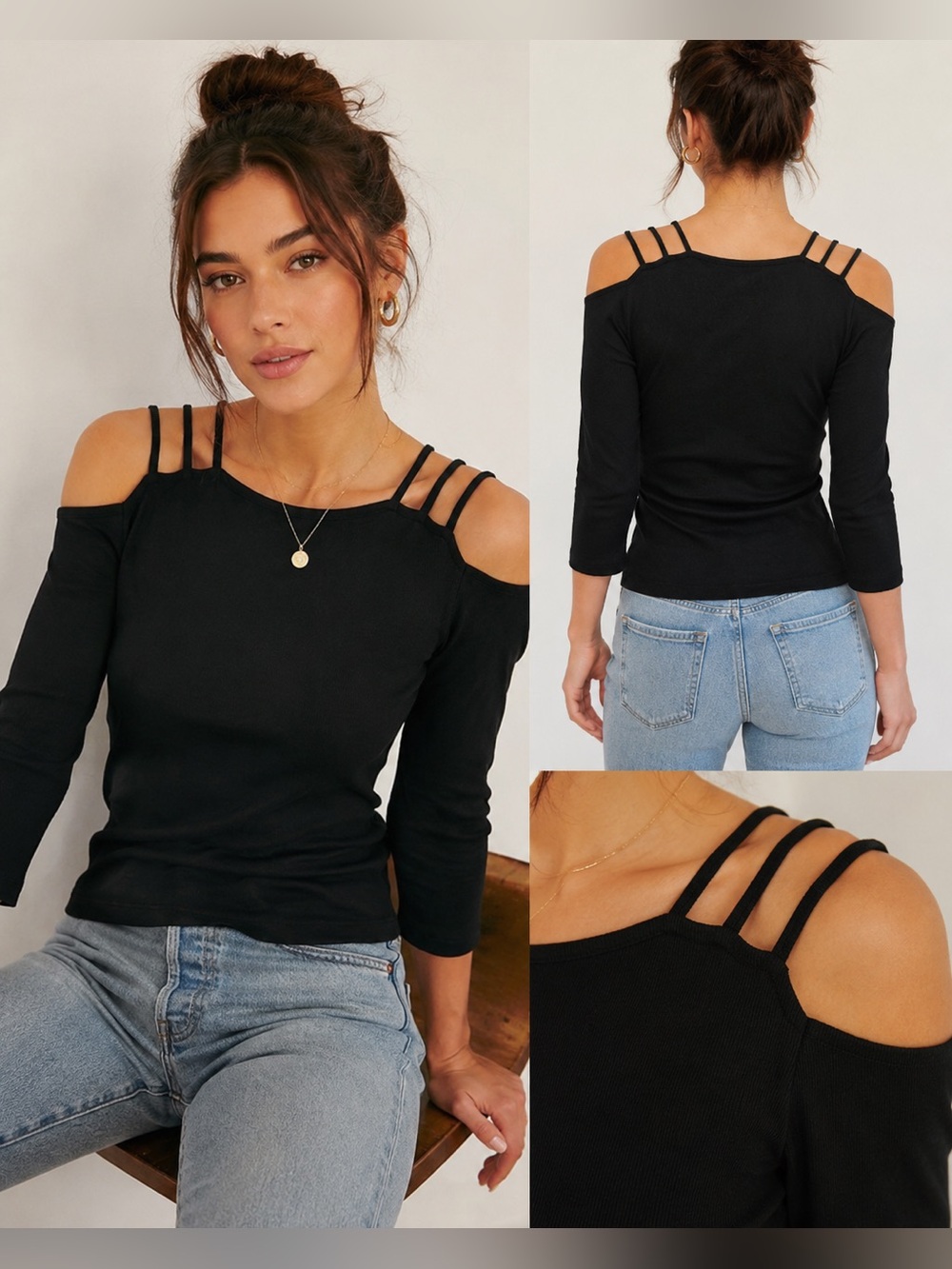 LNA Elder Strappy Rib Cold Shoulder Top Black XS Long sleeve Made in California